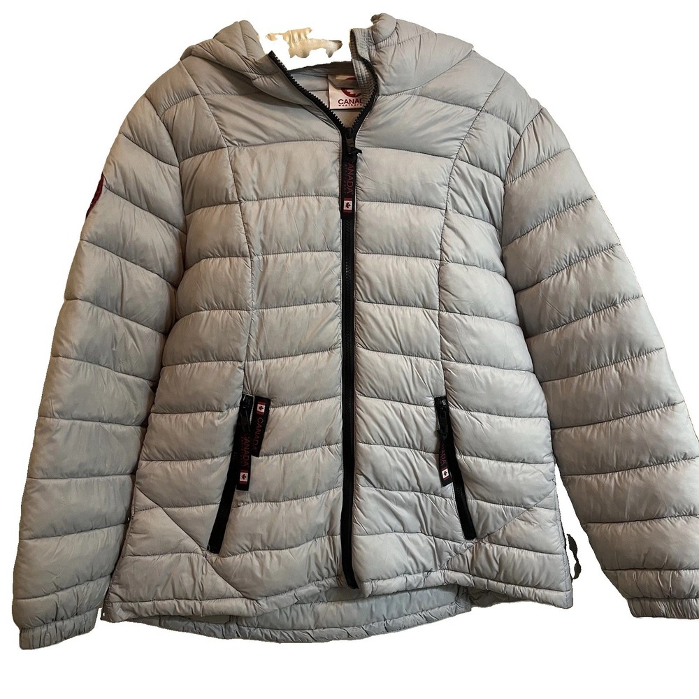 Canada Weather Gear Women's XL Puffer Jacket Light Gray Hooded Zipper Pockets